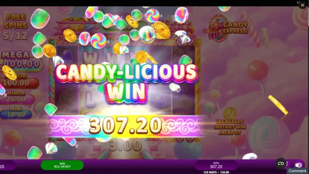 Candy Express Gold Blitz سلاٹ گیم کا رنگین اور مٹھائیوں سے بھرا ہوا انٹرفیس