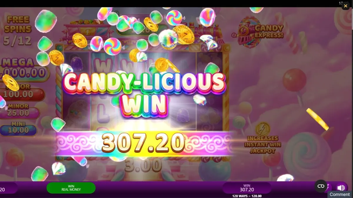 Candy Express Gold Blitz سلاٹ گیم کا رنگین اور مٹھائیوں سے بھرا ہوا انٹرفیس